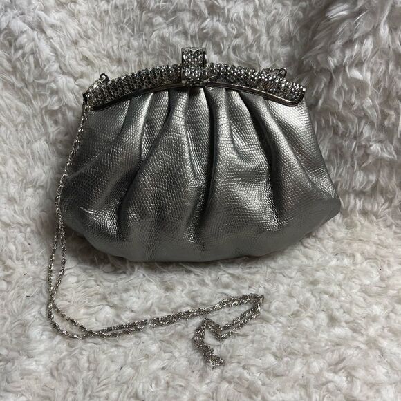 Stephanie Snakeskin  prints Rhinestone Vintage Metallic gray evening Bag. - Picture 1 of 13